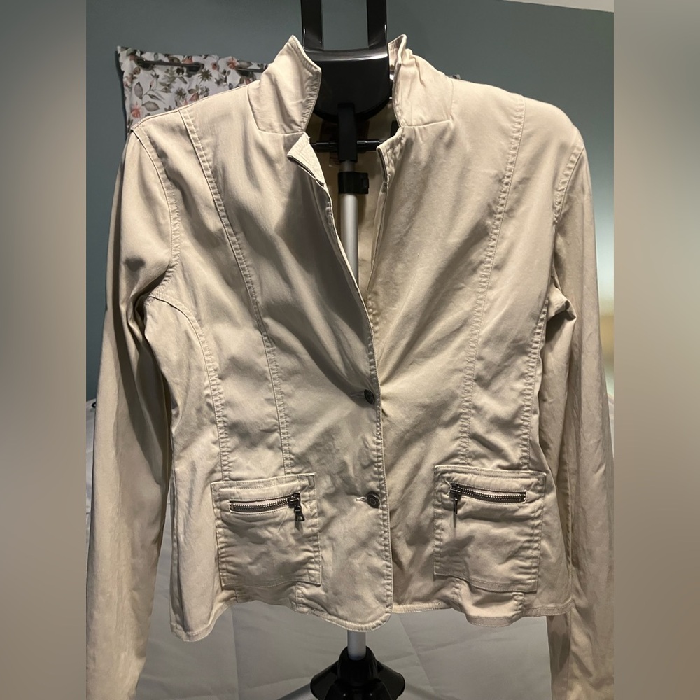 Vintage Guess Jeans Jacket Women L Beige Safari Style Zip Pocket 90s Made Taiwan